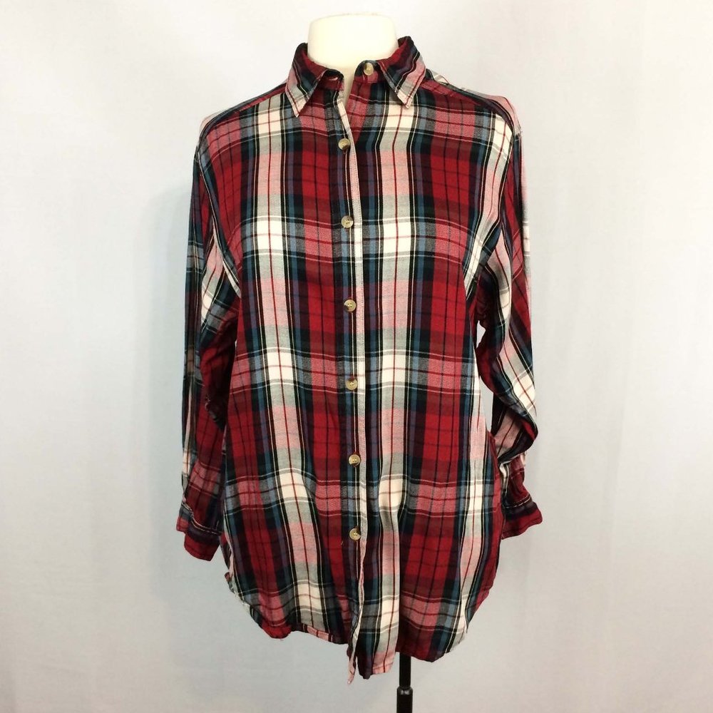 Denim & Co Womens Red Plaid Button Down Shirt Rayon Long Sleeve Sz M Grunge 90s